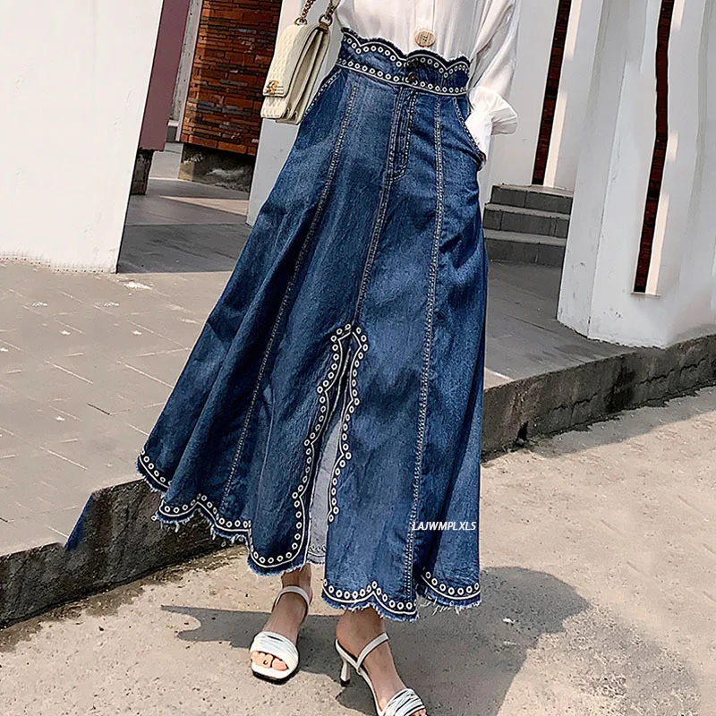

2021 New Fashion Long Maxi Embroidery Denim Jeans Skirts For Women S-XL Spring Summer High Waist Slit Skirts