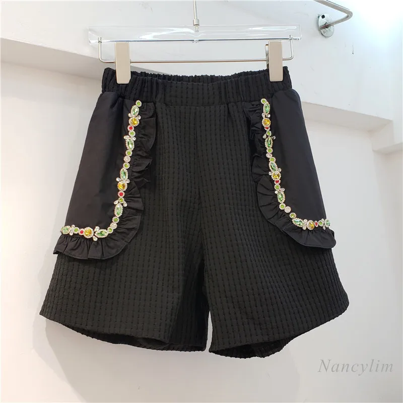 

Exquisite Rhinestone Black Short Women High Waist Ruffles Pocket Shorts Elastic Waist Loose 2021 Summer Casual All-Match