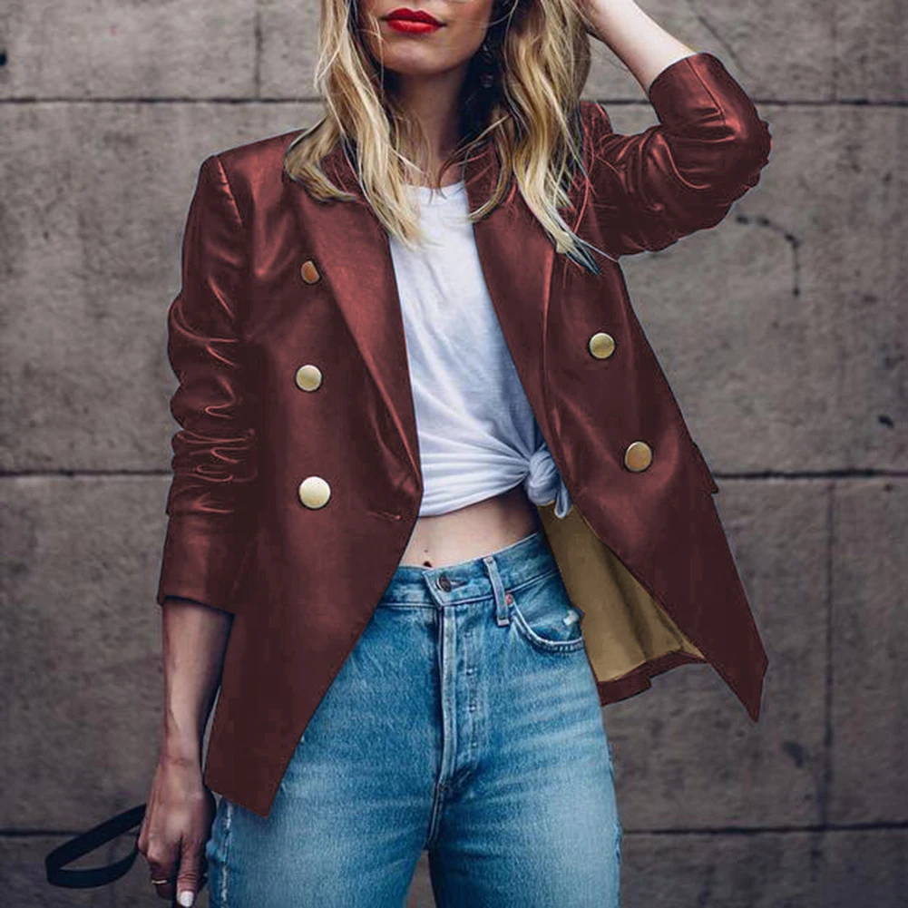 Костюмы Блейзер Женский комплект двубортный лацкан пиджак костюм сплошной цвет