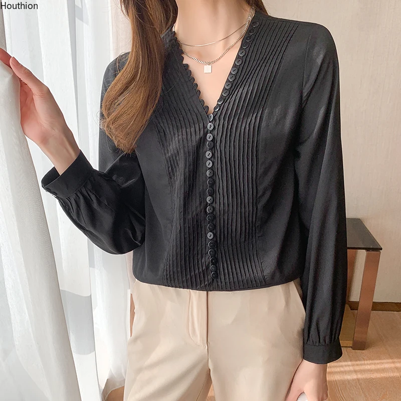 

Houthion Spring and Autumn Slim All-match Women's Shirts V-neck Buttons Long Sleeve Solid Color Shirt New Fashionable Casual