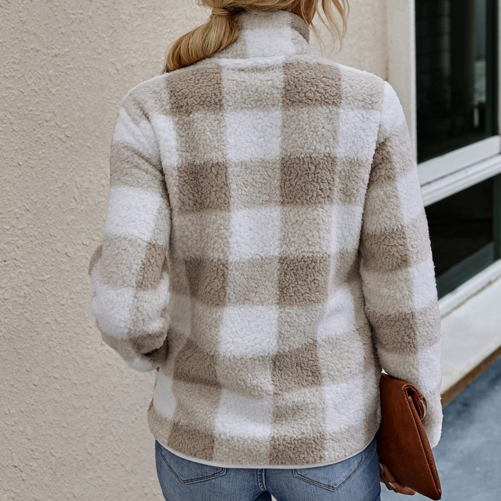 

Fashion Coats Women Autumn Winter Stand Collar Long Sleeve Plaid Plush Coat Jacket Outwear Loose Vintage Elegant Tops Streetwear