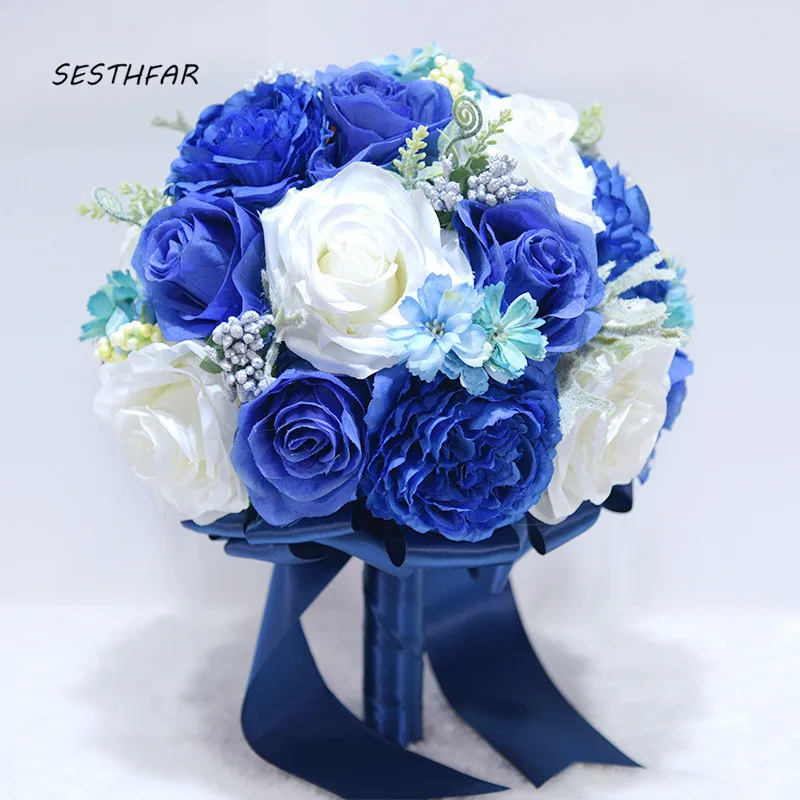 

Blue Wedding Bouquet Rose Artificielle Romantic Handmade Silk Flowers Bridal Holding Wedding Accessories SPH024