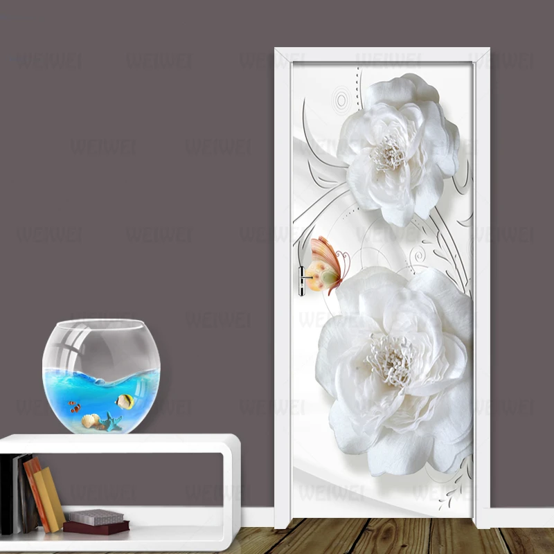 

Door Stickers 3D Embossed White Flowers Living Room Bedroom Door Wallpaper PVC Self Adhesive Wall Decals Imitation Wall Stickers