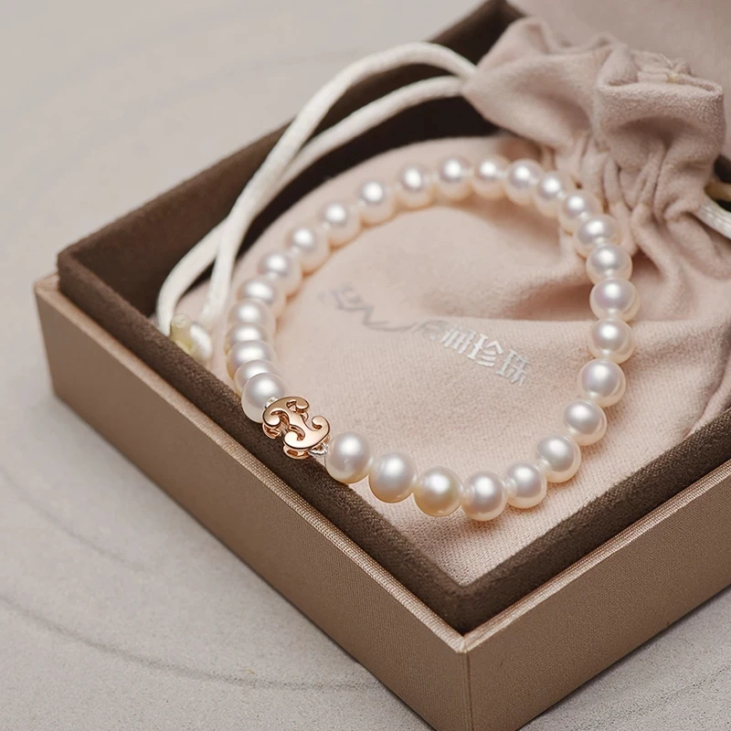 

gN Pearl 925 Sterling Silver Auspicious Design Genuien Natural Freshwater 6-7mm Pearl Strand Bracelets Jewelry for Women