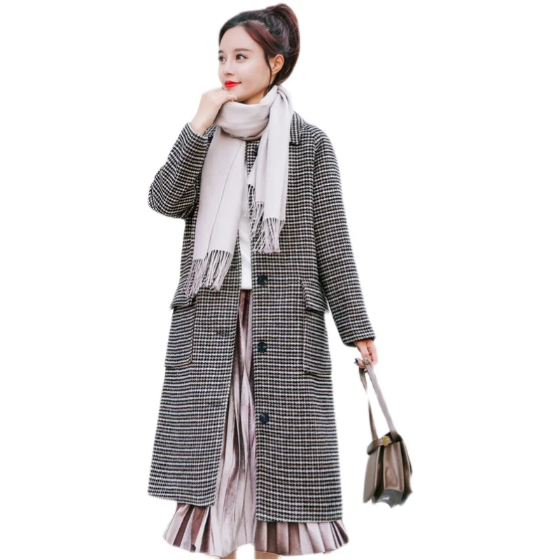 

Женское шерстяное пальто в клетку, прямое пальто с карманами в корейском и британском стиле, модель E463 на осень и зиму, 2020