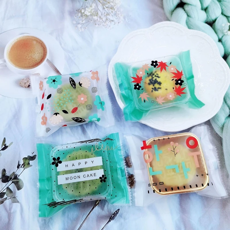 

100 Pcs Frosted Flower Pattern Moon Cake Bags Plastic Cookie Candy Bag Mid-Autumn Festival Mooncake Packaging Bag Home W3JC