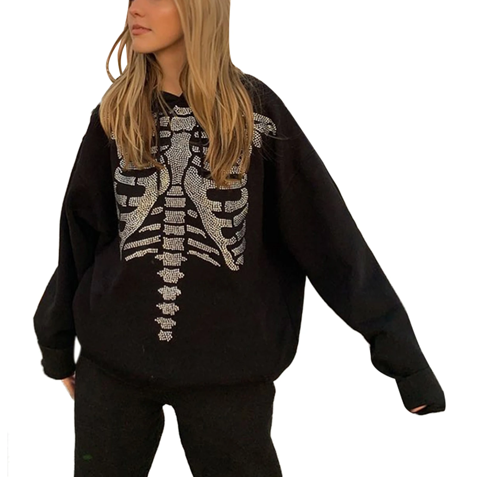 

Ladies Leisure Style Loose Hoodie Spring Autumn Girls Creative Sternum Pattern Rhinestone Decoration Long Sleeve Hooded Tops