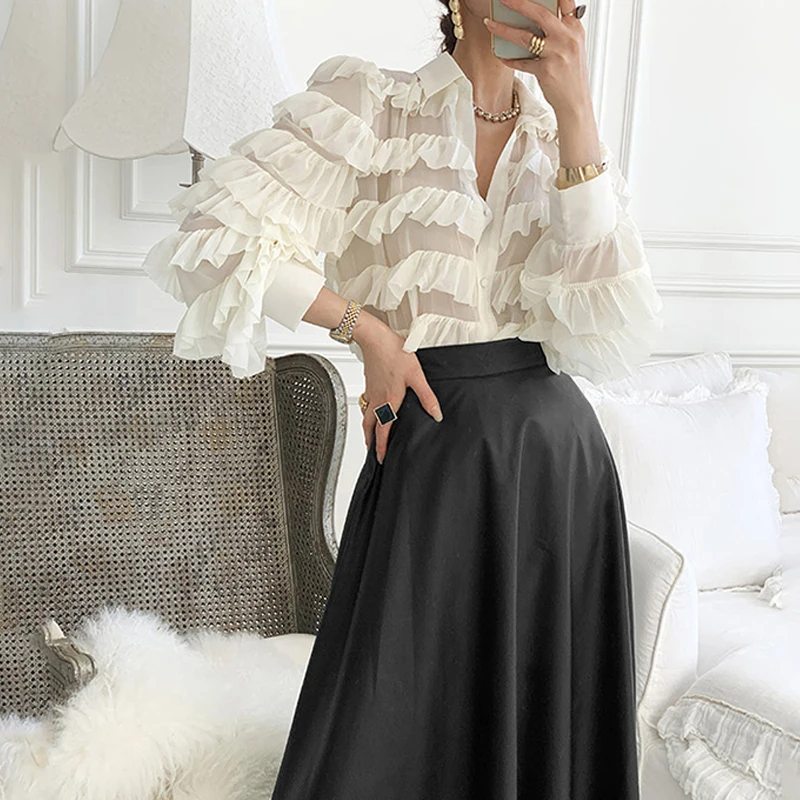 Женская блузка с оборками в виде кексов свободная рубашка отложным воротником и