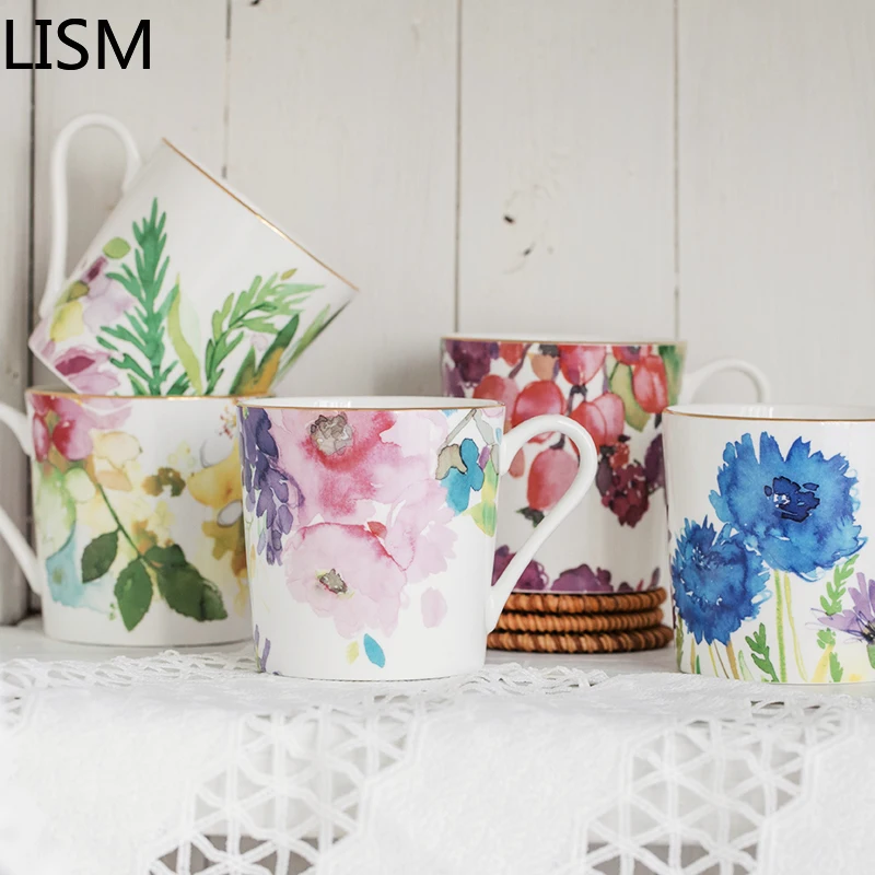 

Ceramic Creative Nordic Coffee Mug with Lid Spoon Gold Luxury Large Flower China Bone Coffee Cup Couple Tea Cup Milk Office Mugs