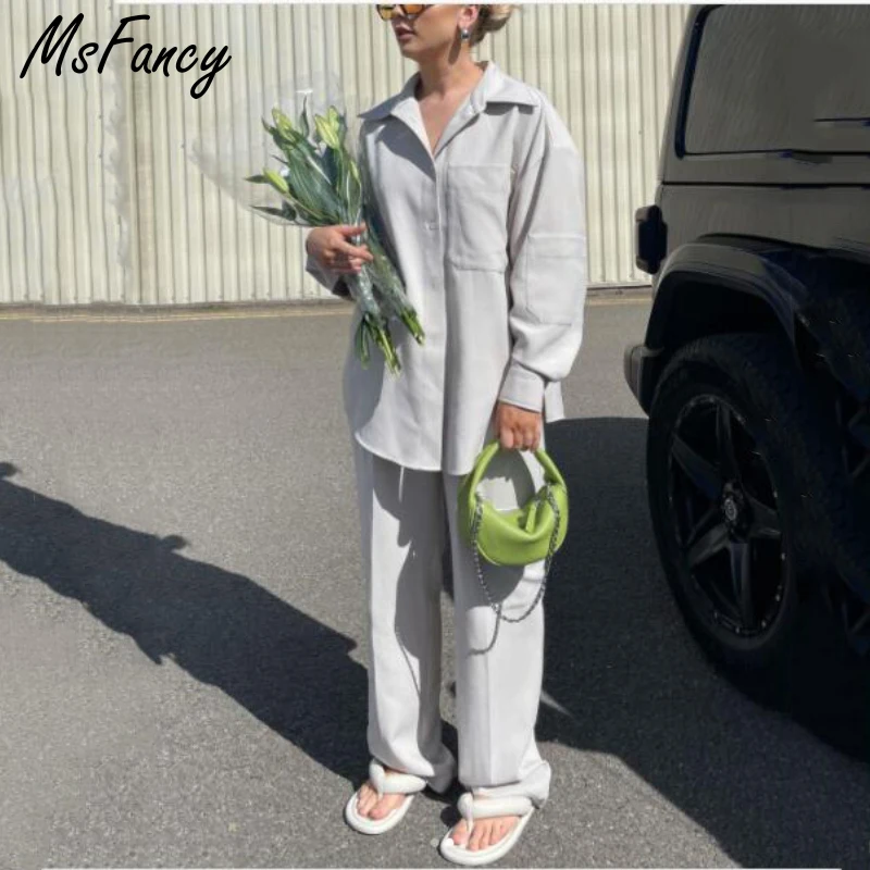 Комплект брюк Msfancy Женский винтажная рубашка с длинным рукавом и карманами брюки