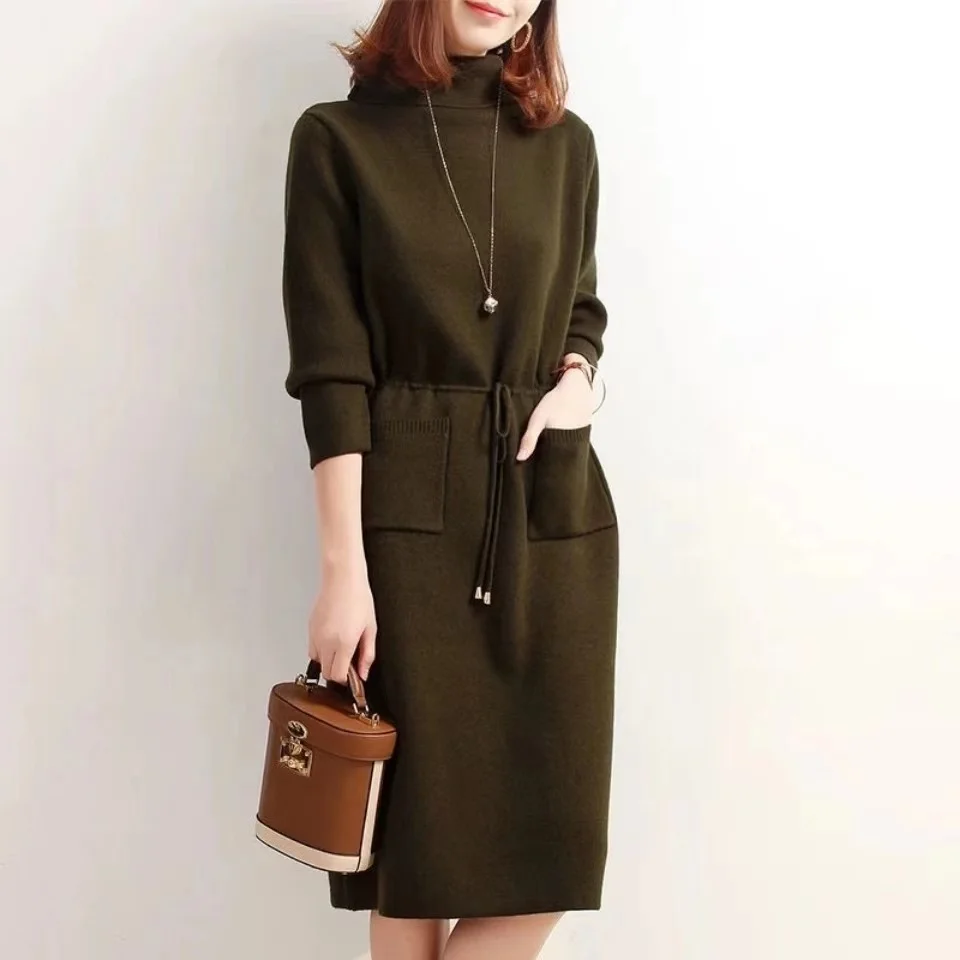 

2021 New Winter Plus Size Women's Knit dresses Velet thick Female Solid color High Neck Bottoming A word Medium Length Dresses