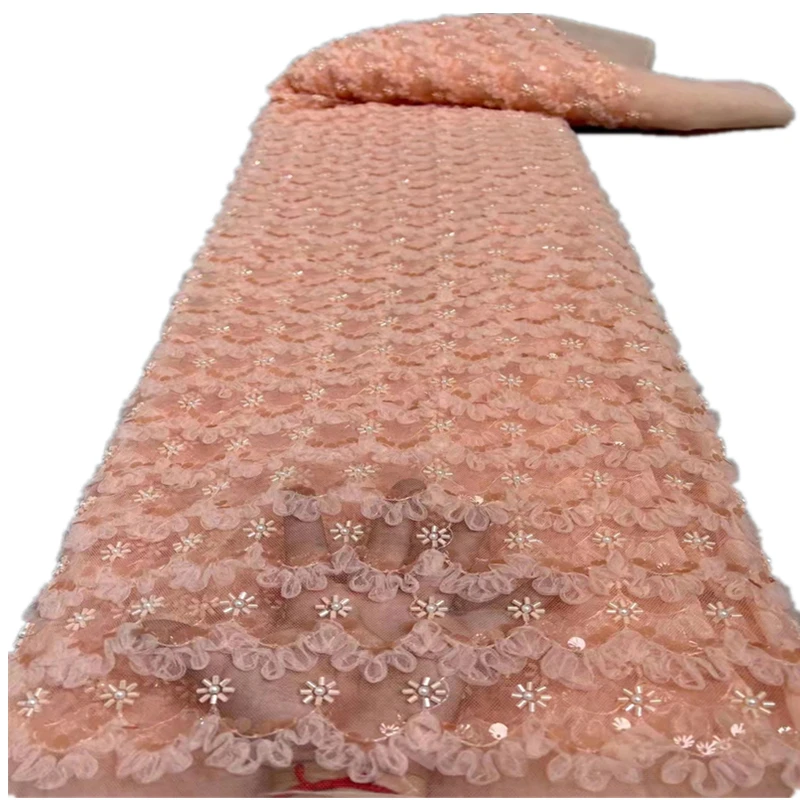 

African Lace Fabric 5 Yards Nigerian French Lace Fabrics With Sequins/beads 2021 High Quality Lace For Dress Sewing XC-310