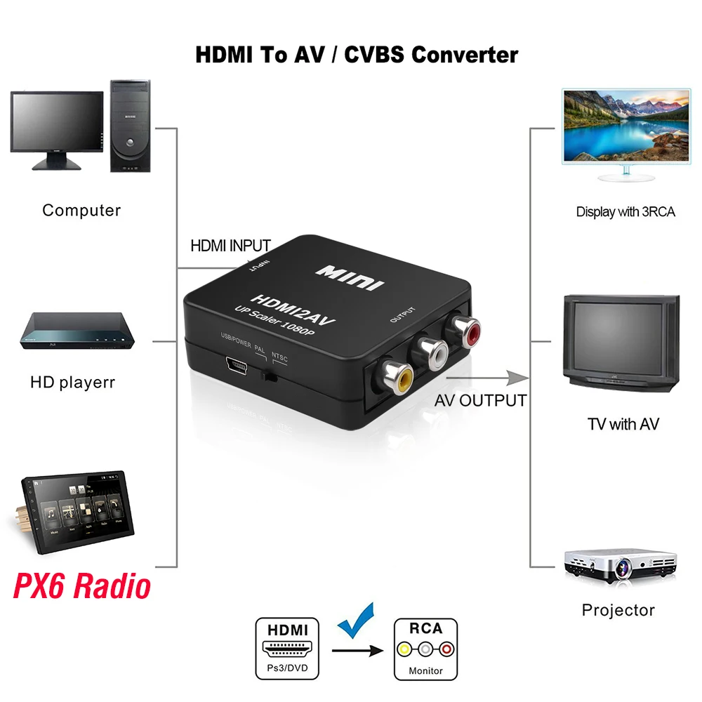 Адаптер HDMI RCA AV/CVBS HD 1080P Mini HDMI2AV видеопреобразователь для PX6 автомагнитолы|Мониторы