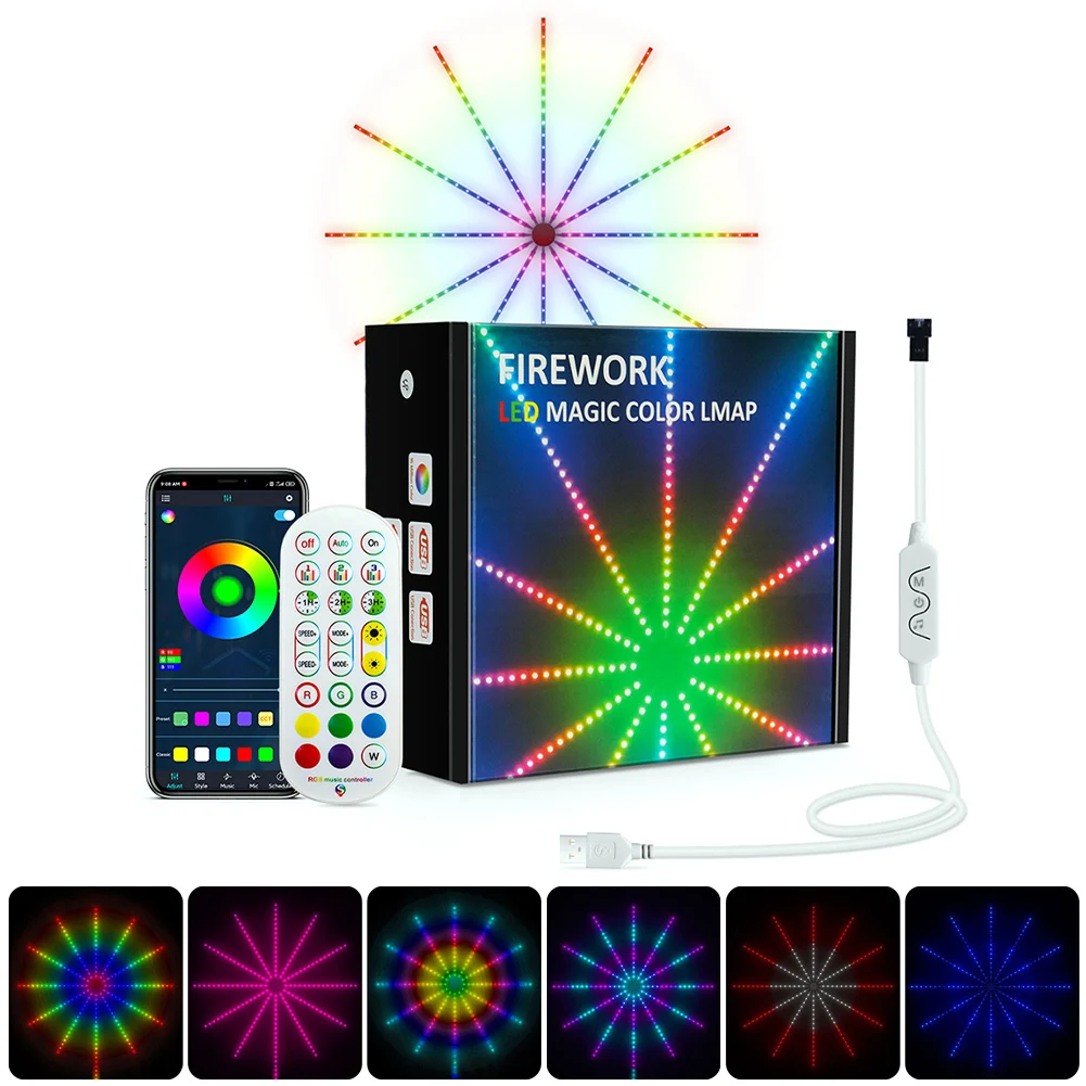 

Светодиодная ленсветильник в виде фейерверка, Рождественская гирлянда RGB, сказочное освещение, управление музыкой, лампа-шатер для украшен...
