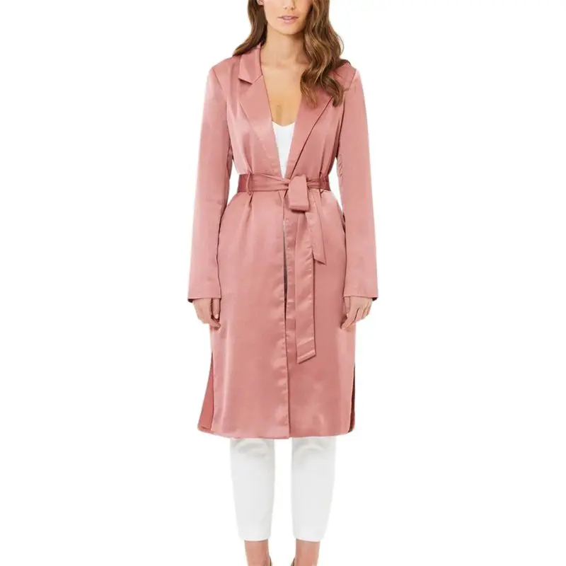 

Pink satin Self Tie Duster Trench Coat Long Sleeve Wrap Long Outer With Belt Women Casual Fall Winter Workwear Coat