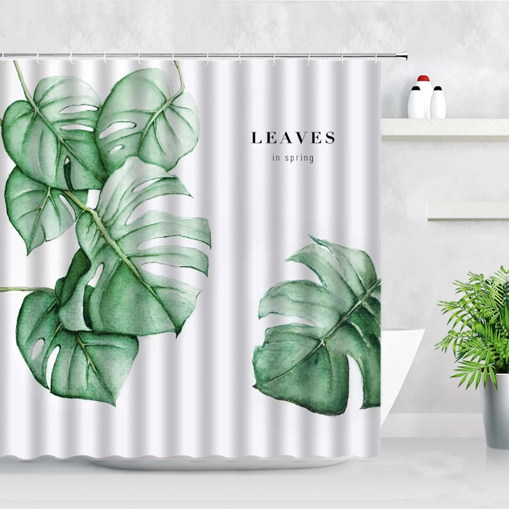 

3D Tropical Leaves Monstera Shower Curtains Set Green Plant Palm Leaf Flowers Wall Decor Cloth Waterproof Bathroom Curtain Hooks
