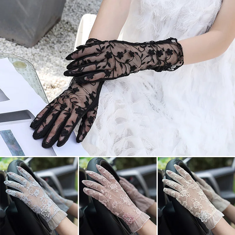 

Women Sun Protection Short Stretchy Gloves Sexy Print Black Lace Gloves Anti-UV Driving Anti-Skid Cycling Lace Glove