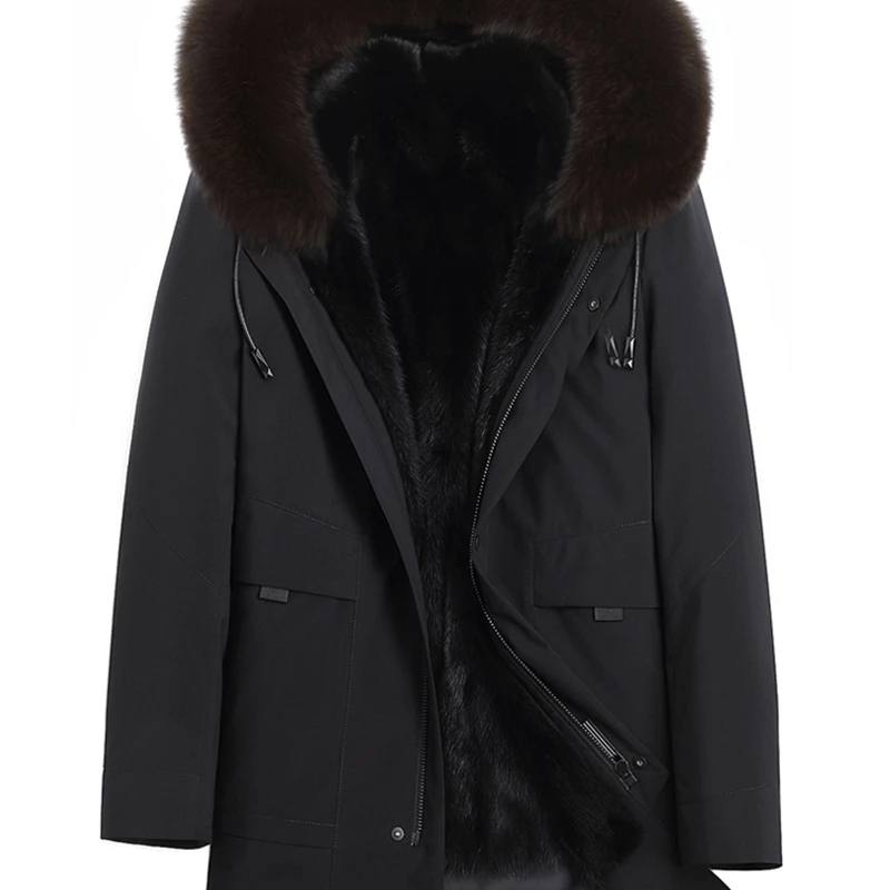 

natural feed Male parka, winter mink coat with cap, fox skin neck, long Paka