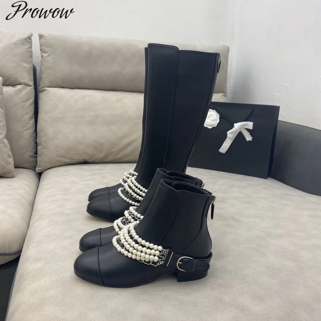 

Prowow Women Ankle Boots Pearls Chain Metal Decoration Round Toe Modern Boots Belt Buckle Black Shoes Genuine Leather