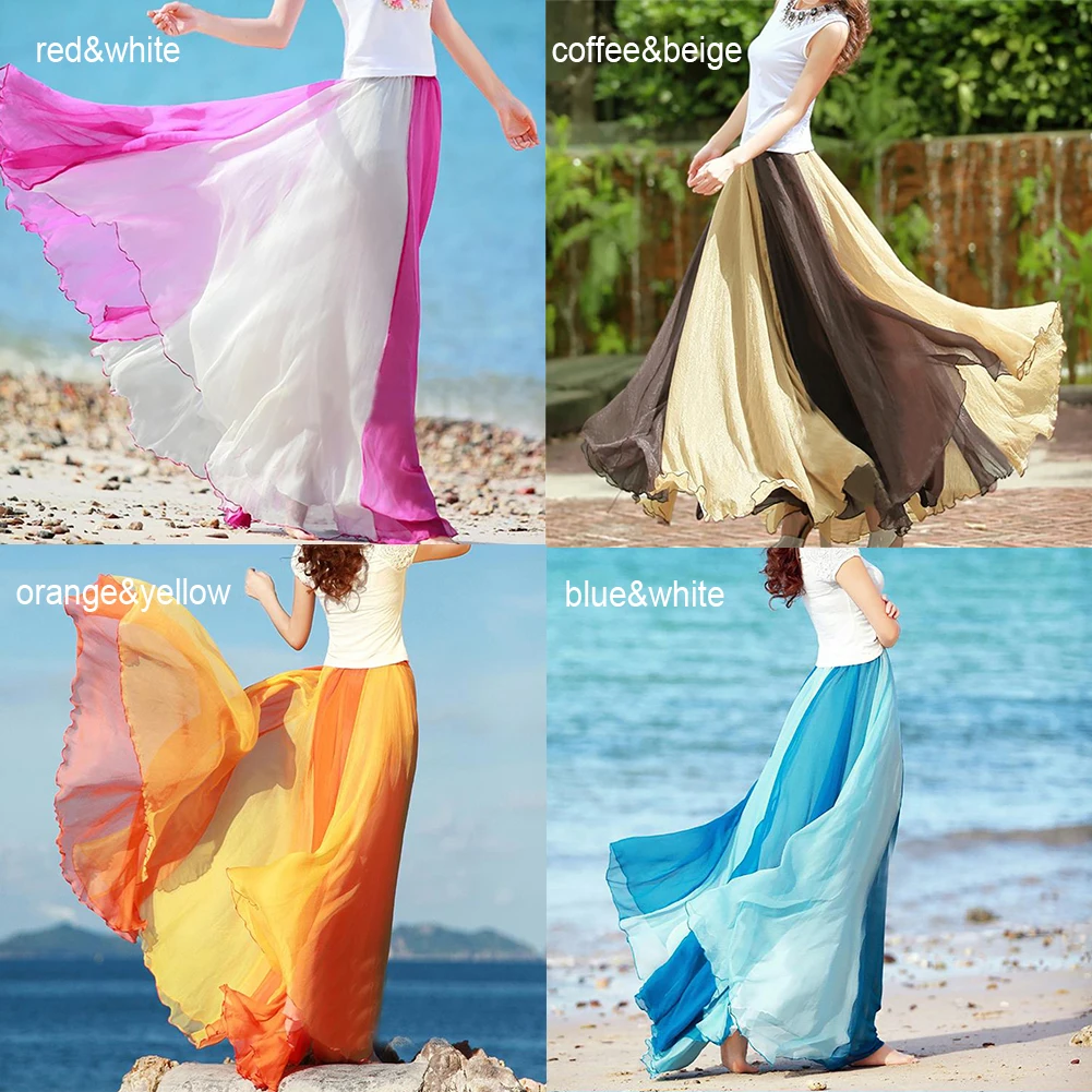 

2019 Spring Summer Bohemian Floor Length Patchwork Chiffon Women Long Skirt Slim Ruffles Beach Longa Skirts