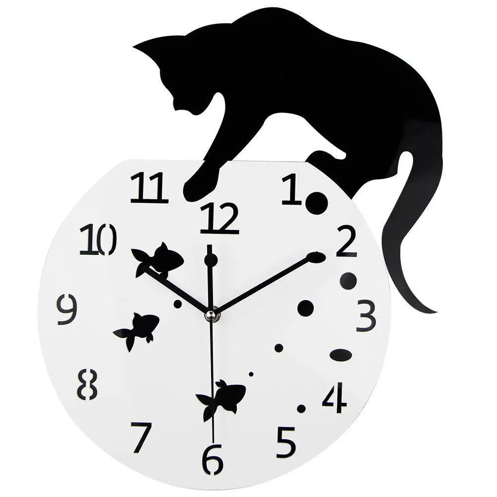 

New Design Naughty Cat Fish Tank Acrylic Wall Clock Home Wall-Hanging Quartz Needle Watches Wall Stickers Living Room Decoration