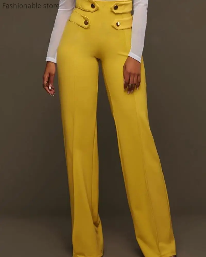 

Women Buttoned High Waist Wide Leg Pants Office Lady Autumn Solid Color Pants