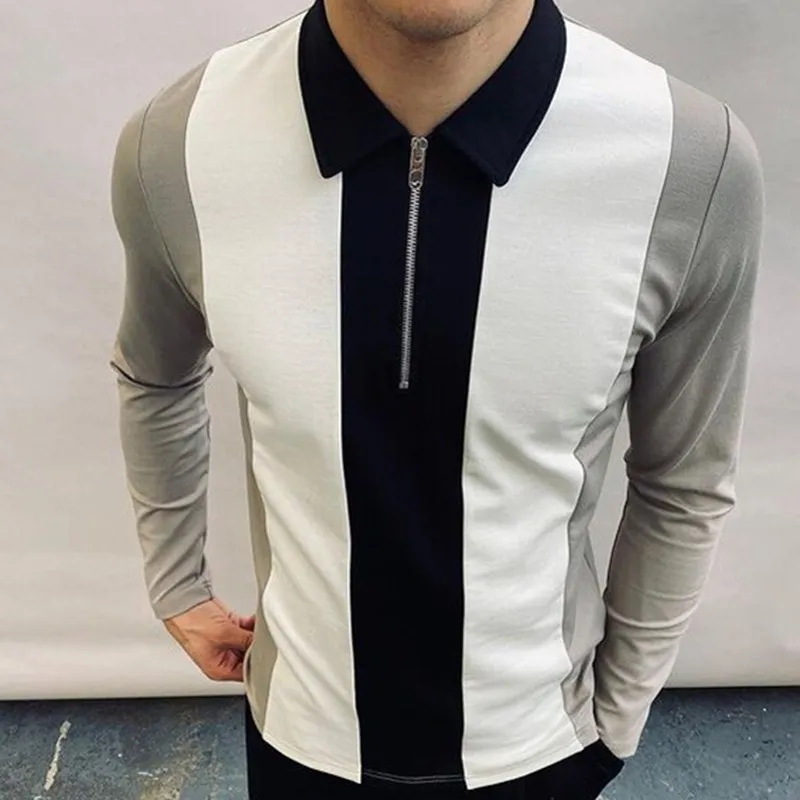 

High Quality Men Long Sleeve Polo Shirts Autumn Fashion Casual Wide-waisted Patchwork Turn-down Collar Tops Man Slim Polo Shirts