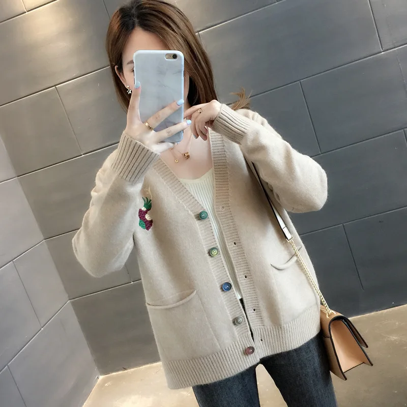 

Spring And Autumn Clothing 2022 New Women's Jacket With V-neck Knitted Cardigan Women's Loose Casual Long-sleeved Sweater Jacket