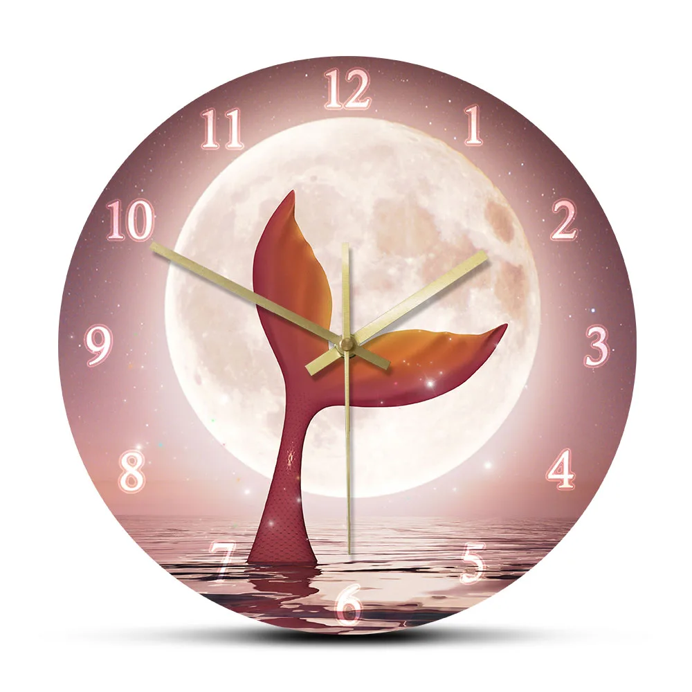 

Mermaid With The Moonlight Wall Clock Princess Ariel Tail Mermaid Decor for Girl Room Fairytale Myth Artwork Modern Wall Watch