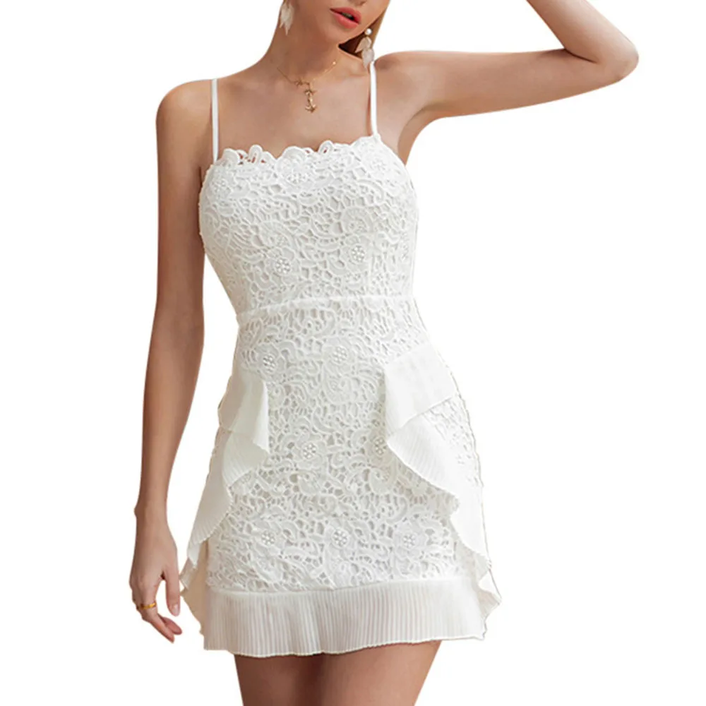 

Western Style Temperament Fashion Designer Elegant Thin Simple Lace Backless Splicing White Tube Top Strap Dress 2021