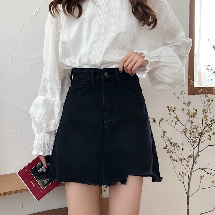 Black Denim Skirt Women's Irregular 2021 New Spring and Autumn A-line High Waist Thin Fashion | Женская одежда