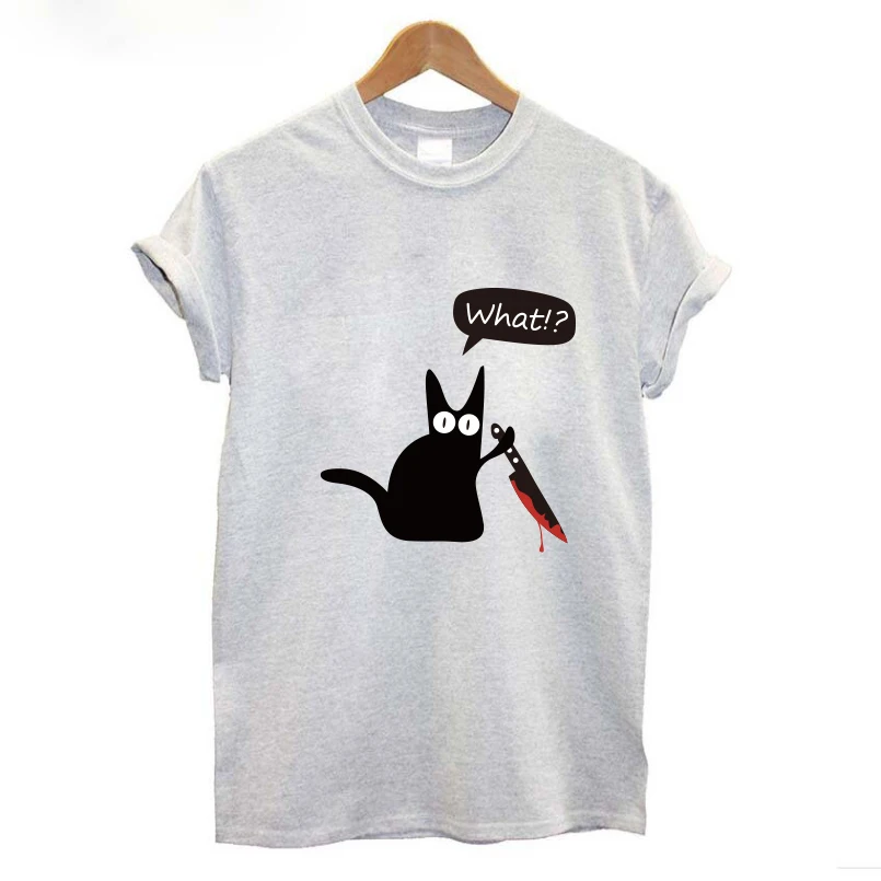 

CAT WHAT Sarcastic Graphic funny t-shirt women Murderous Cat Halloween anime TShirt oversized streetwear cotton women clothes