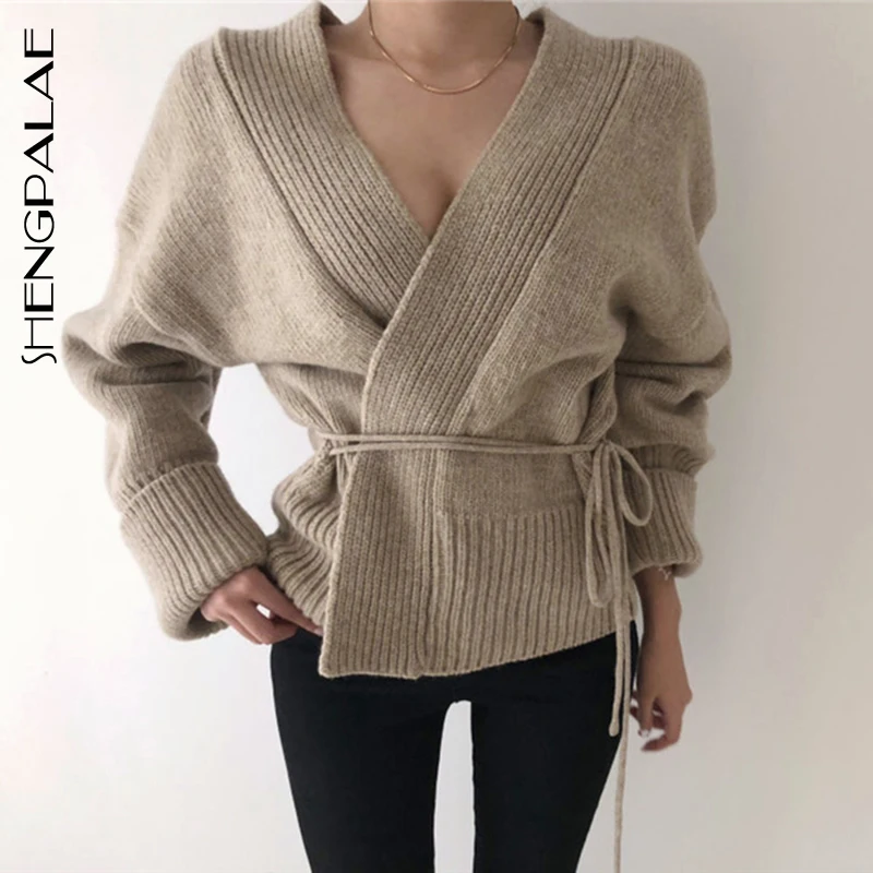 SHENGPALAE 2019 Autumn Winter Loose Chalaza Knitting Cardigan Women Long Sleeve V Collar Korean Fashion Sweater Woman FT032 |