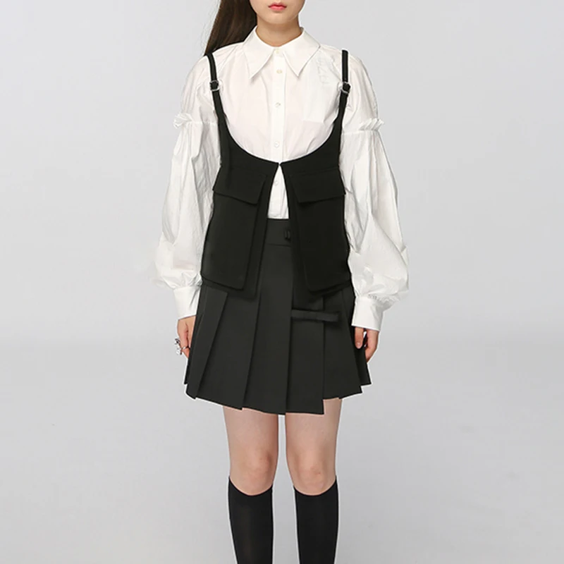 

VGH Casual Khaki Women's Suit Square Collar Sleeve Vests High Waist Mini Skirts Korean Fashion Two Piece Set Women 2021 Clothing