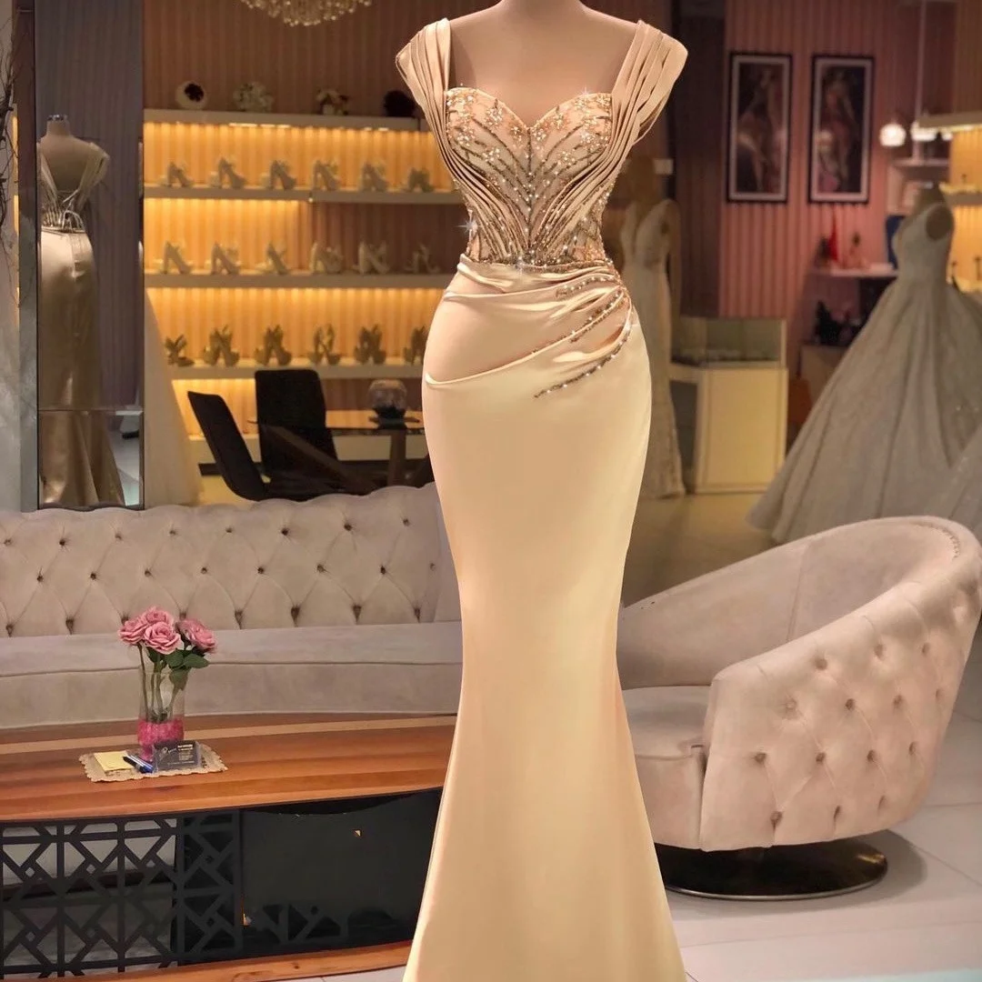 

2022 Champagne Mermaid Evening Dress Pleat Cap Sleeve Satin Prom Gowns Beading Runway Slim Fashion Second Reception Dresses