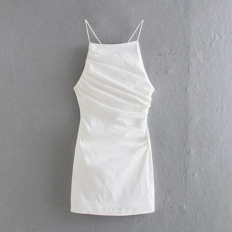 

Женское Плиссированное мини-платье ZA, белое короткое льняное платье на подтяжках во французском стиле, лето 2021