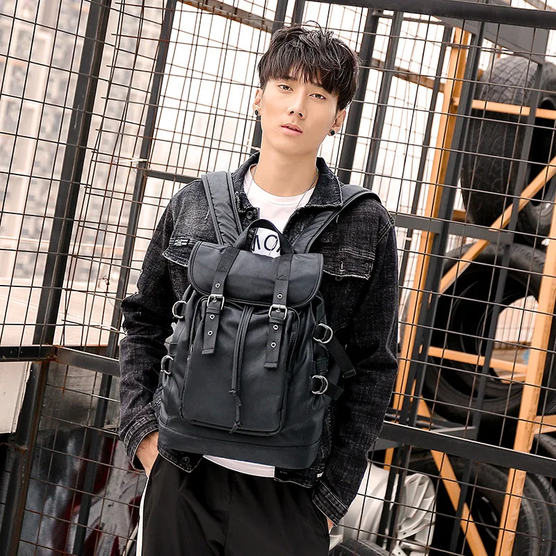 

Men Solid Black Backpack Computer Laptop bag pack Waterproof PU Leather school bookbag women Vintage Cover Multifunction backbag