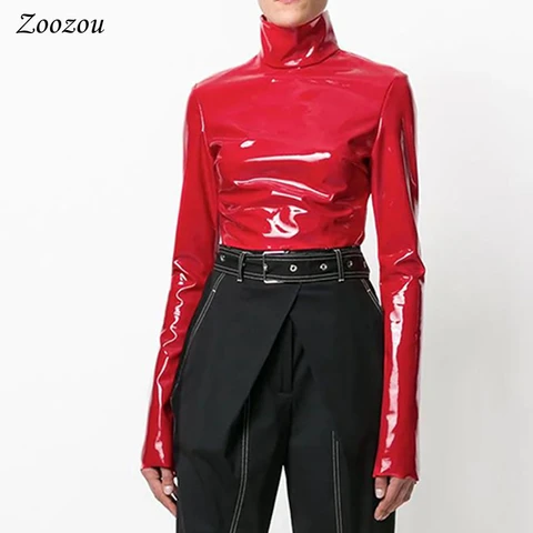 Women Faux Patent Leather Turtleneck Tops Long Sleeve Shirt Zipper PVC Pullover Black Red PU Leather Clothes Streetwear Custom