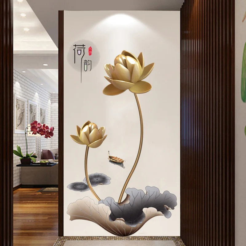 

3D Golden Lotus Flowers Wall Stickers Chinese Style Self-adhesive Wallpaper Living Room Bedroom Home Decor Art Murals Wall Decal