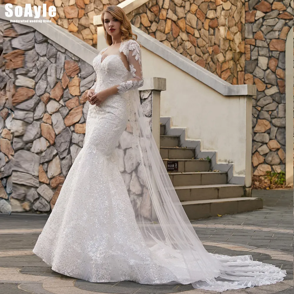 SoAyle #W48 Strapless Sexy Sweetheart Mermaid Dress Lace Backless Long Sleeve Shawl Wedding Gown Luxury Beaded Vestido De Novia