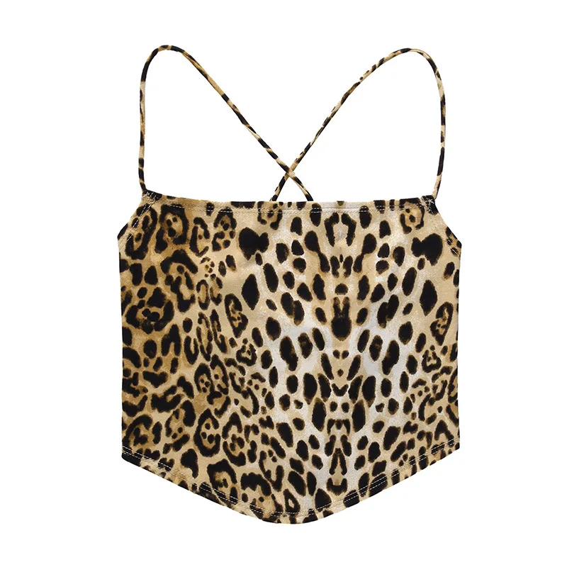 

New Summer Leopard Print Camisole Women Sexy Bandage Halter Crop Tops Fashion High Waist Sleeveless Backless Club Slim Tank Tops