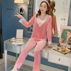 Зимняя длинная теплая куртка с длинными рукавами, фланелевые пижамы, комплекты для женщин утепленная кружевная одежда для сна пижамы размера плюс домашний костюм M-2XL одежда для сна