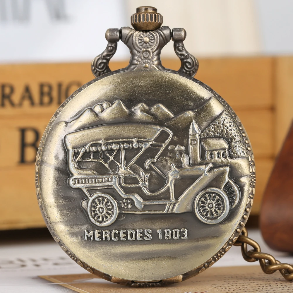 Уникальные карманные часы с рисунком парового седана для мужчин Mercedes 1903 Ретро элегантные часы с толстой цепочкой и ожерельем 30 см брелок подарок