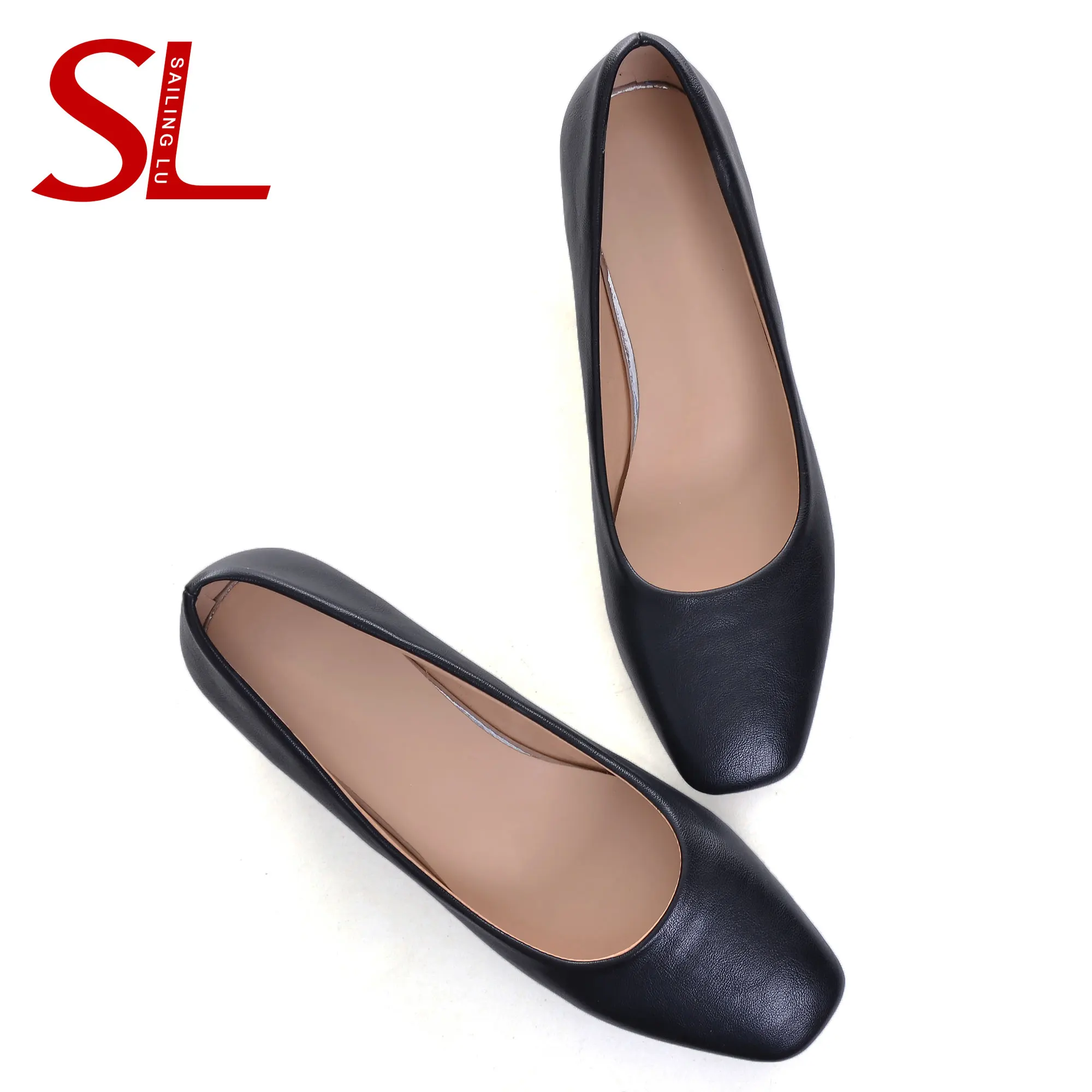 Женские офисные туфли LU черные цвета хаки на среднем каблуке из искусственной