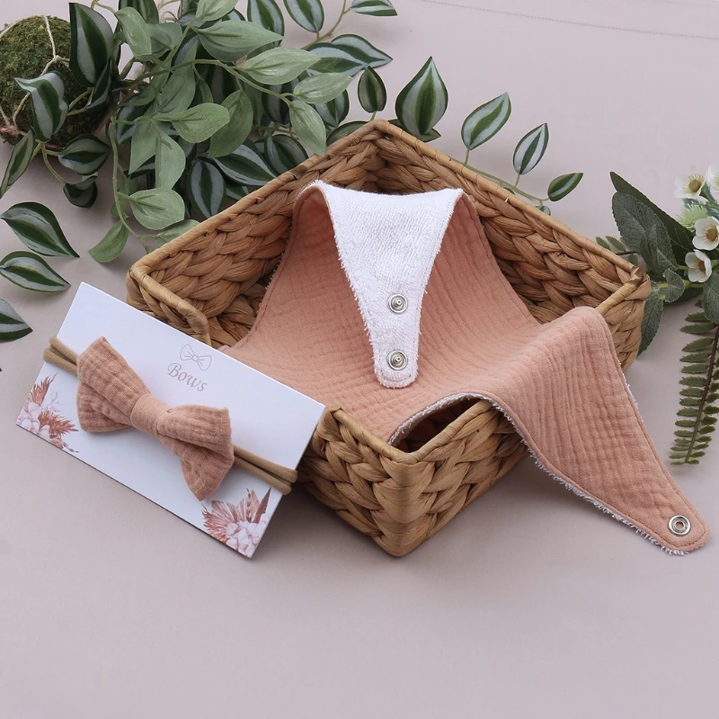 

GXMB Princess Bowknot Hair Band Bib Kit Baby Girls Elastic Bow Headband Saliva Towel