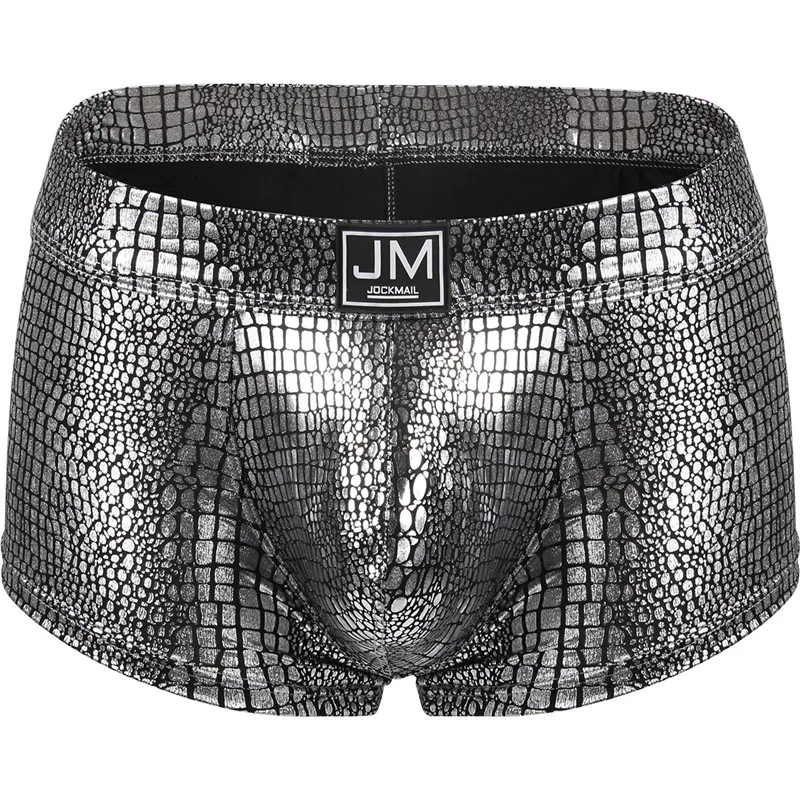 Jockmail Мужское нижнее белье боксеры сексуальное прозрачное Мужское нижнее белье PU кожаное нижнее белье мужские боксеры шорты Мужское нижнее белье боксеры шорты - Цвет: Серебристый