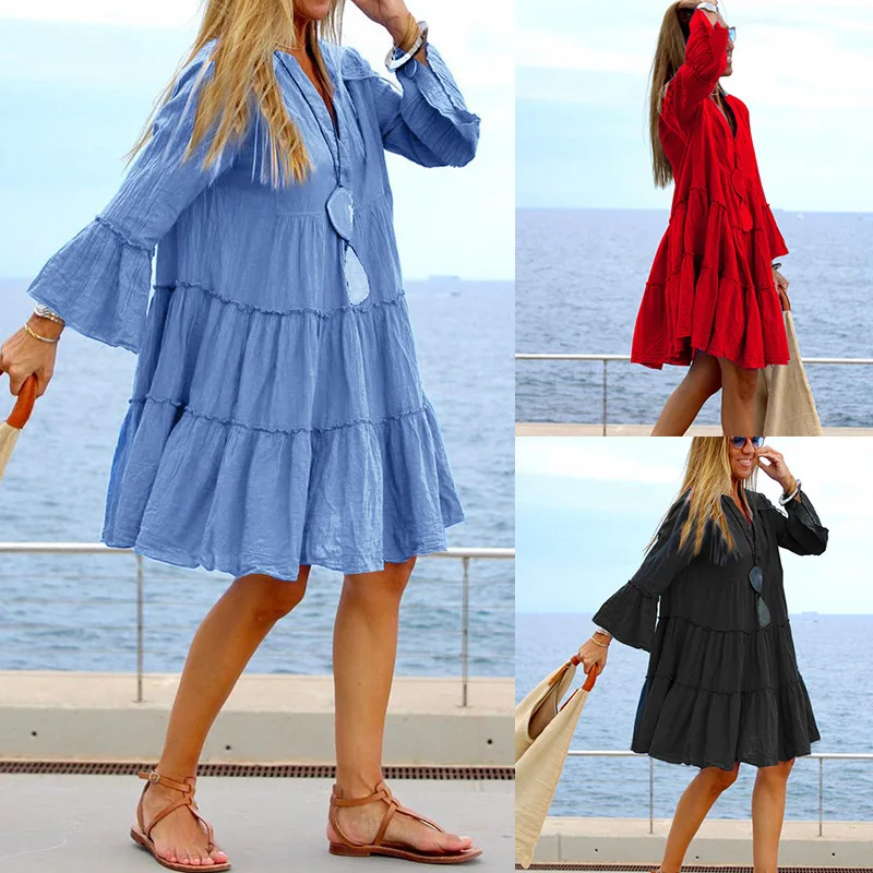 

Vintage Short Sleeve Dress Women Summer Bohemia Dresses Casual Corset Bodycon Dress Pajamas Robe Mid-Length Blue Dress