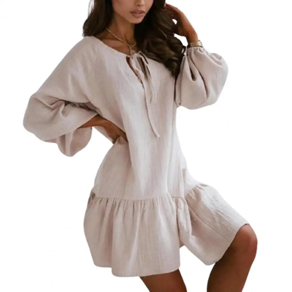 

Women Dress Long Puff Sleeve Tie-up Cotton Flax Spring Summer Sexy Hollow Out Ruffle Party Dress for Vacation robe femme xxl