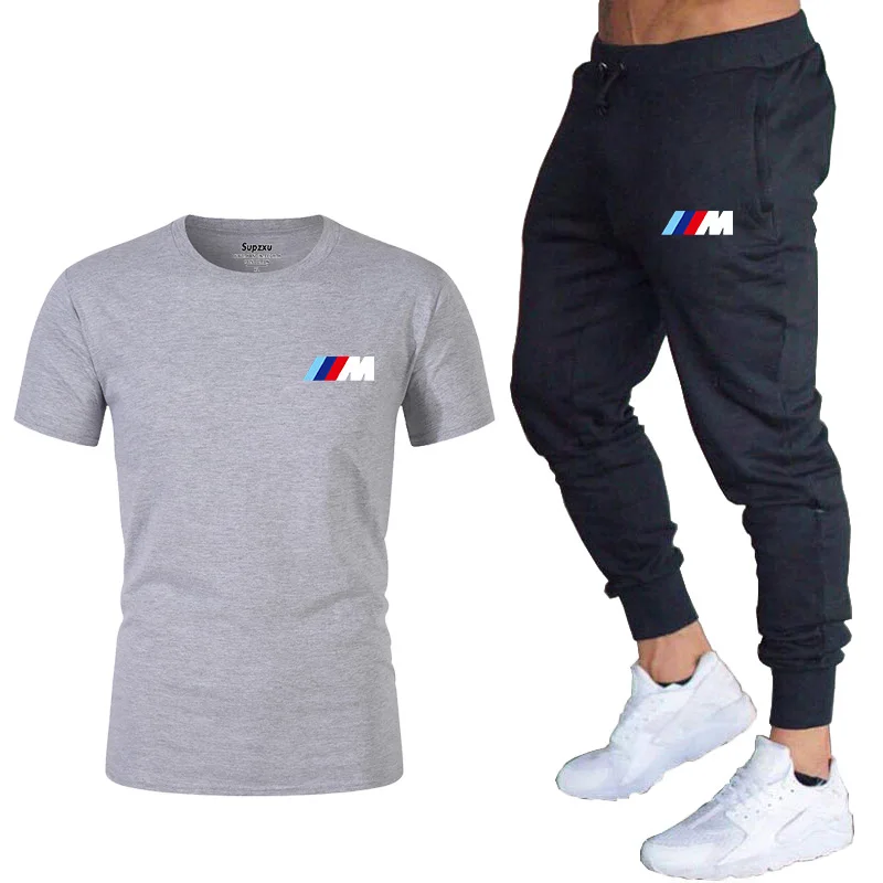 

2021Summer New Men's Two-Piece Outdoor Sports lLeisure Fitness Sports Suit Short-Sleeved T-shirt +Trousers Men's Sportswear Sui
