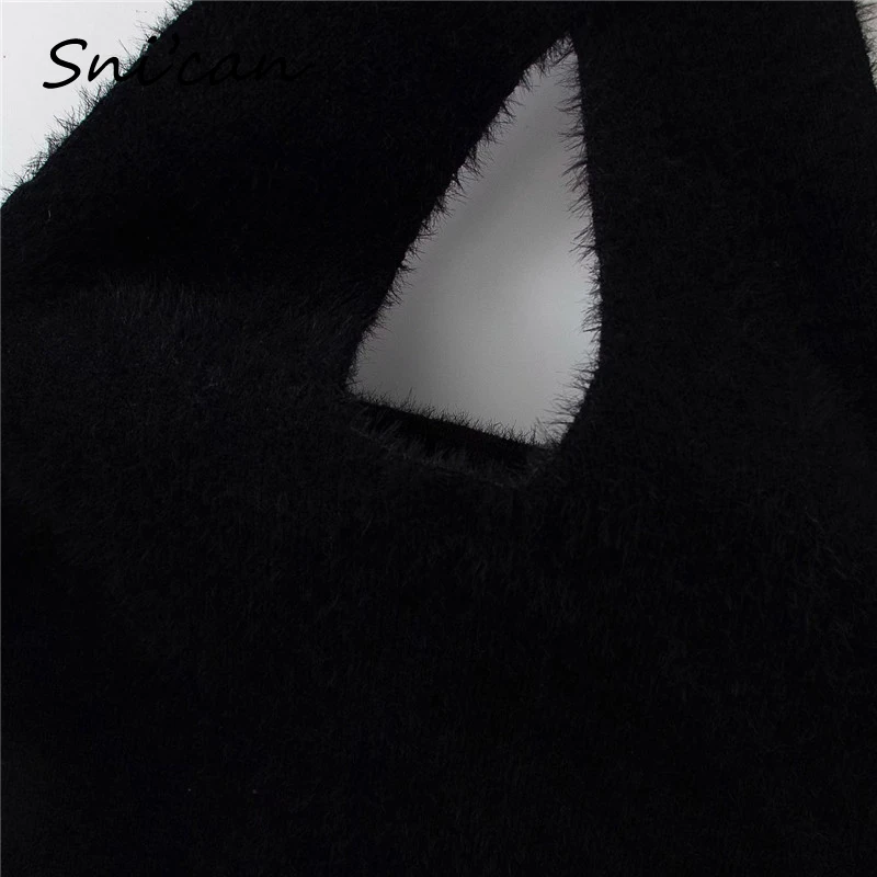 

Snican Black Backless Sweater Halter Hollow Out Sexy Pullover Vintage Sleeveless Women Fashion Ladies Crop Tops Jumper Chaleco